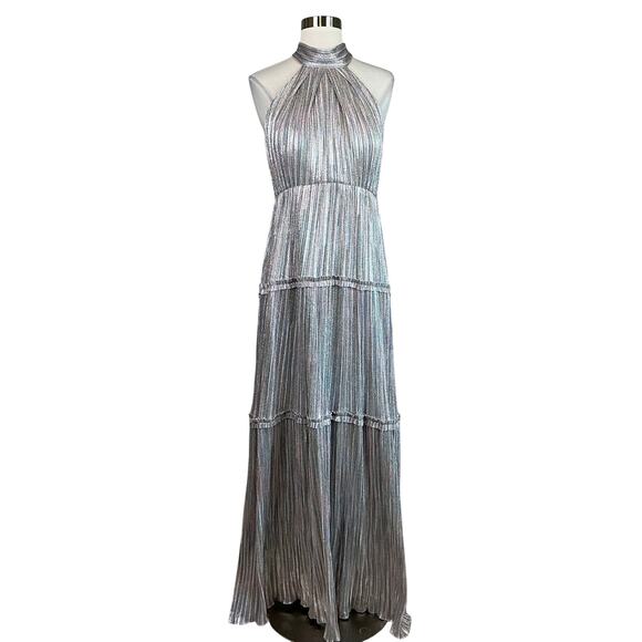 Silver Metallic Halter Evening Gown Size 12 Ruffled A-Line Long Dress by AQUA - Picture 1 of 13